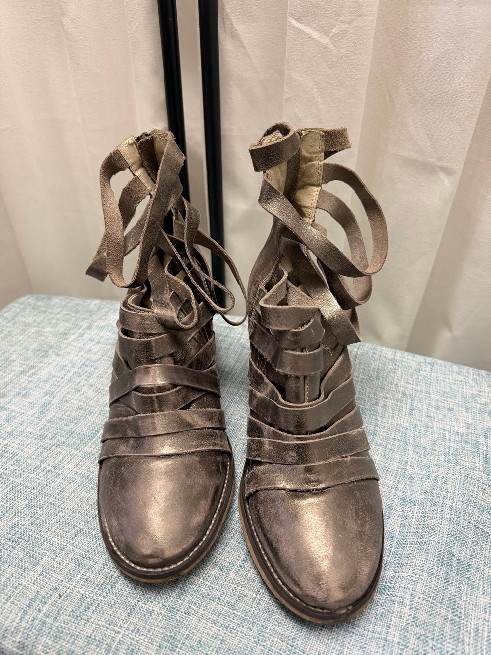 Free People Metallic Taupe Wrap-Up Lace Ankle Booties